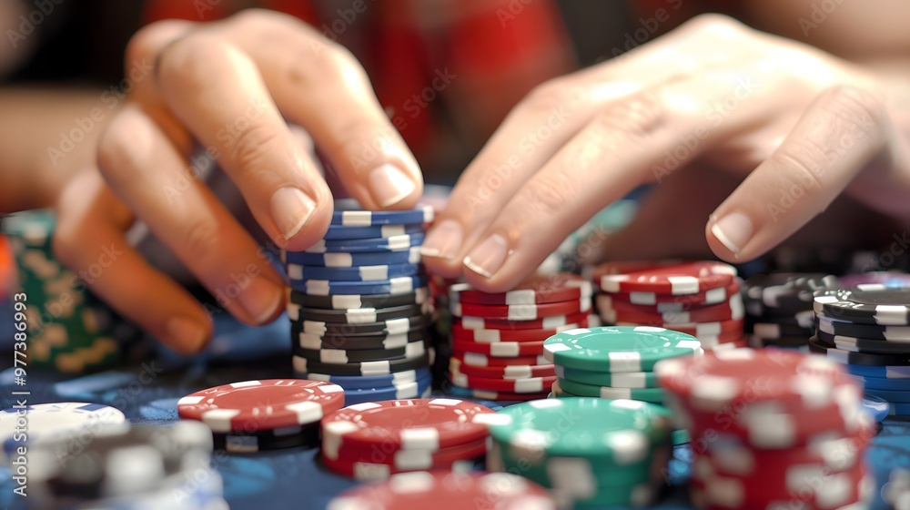Rolling Chips in Hand: Hands rolling poker chips between fingers, a common habit at the table.
Rolling Chips in Hand: Hands rolling poker chips between fingers, a common habit at the table.