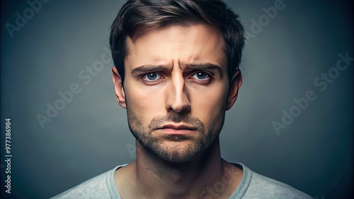 A blank-faced individual with a neutral gaze, straight eyebrows, and relaxed facial muscles, conveying a sense of emotional numbness or lack of enthusiasm. photo