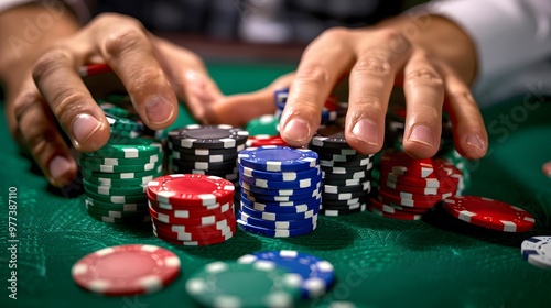 Rolling Chips in Hand: Hands rolling poker chips between fingers, a common habit at the table. 