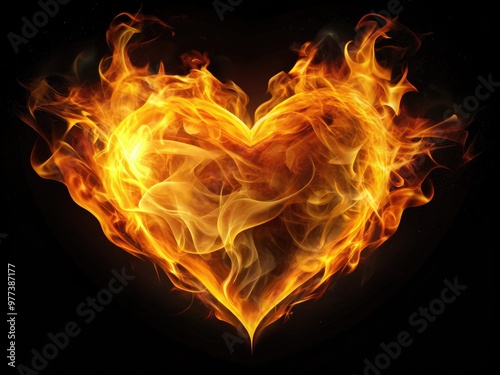 A blazing heart-shaped flame burns bright amidst darkness, symbolizing passion, courage, and strength, with warm golden light illuminating the surrounding black background.