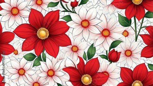 base xl pretty red theme flowers on white background, egg mosaic style