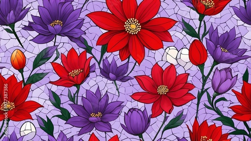 base xl pretty red theme flowers on light purple background, egg mosaic style