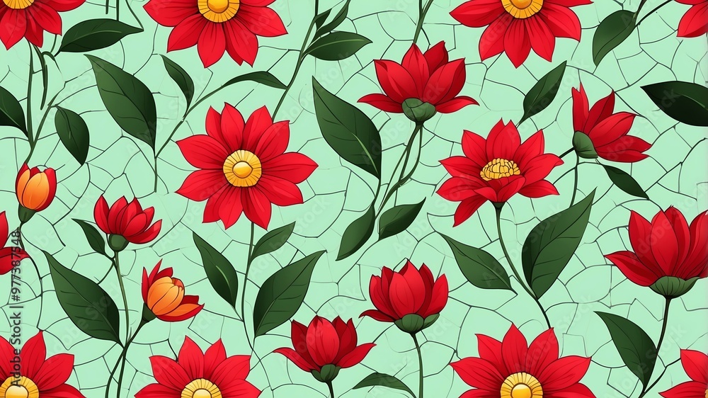 base xl pretty red theme flowers on light green background, egg mosaic style base xl pretty red theme flowers on light green background, egg mosaic style