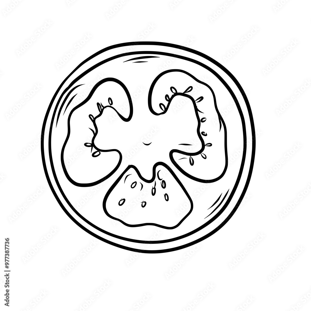 Hand drawn tomato Slice outline on isolated background. Black and white vegetable drawing. Hand drawn tomato Slice outline on isolated background. Black and white vegetable drawing.