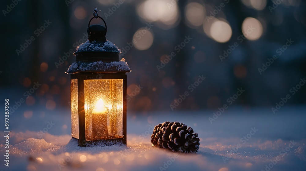 picturesque moment of a lantern illuminating a pine cone in a snowy landscape evoking feelings of warmth and tranquility during the winter season picturesque moment of a lantern illuminating a pine cone in a snowy landscape evoking feelings of warmth and tranquility during the winter season