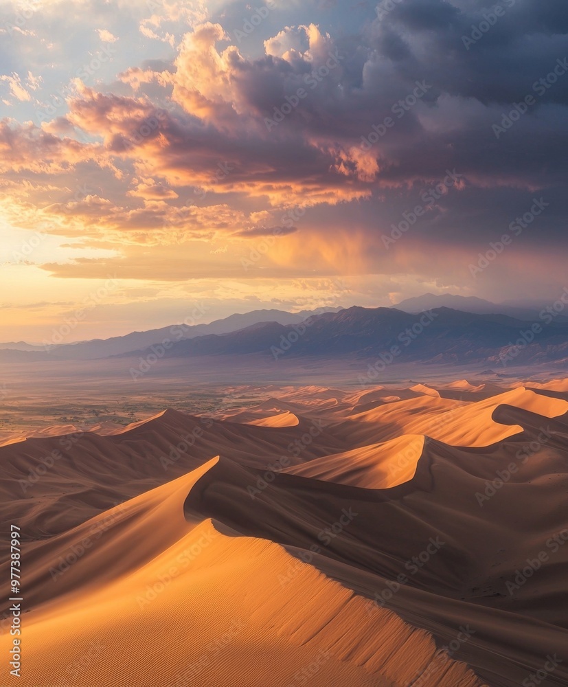 Naklejka premium Expansive Desert Landscape at Sunset with Dramatic Clouds and Golden Dunes