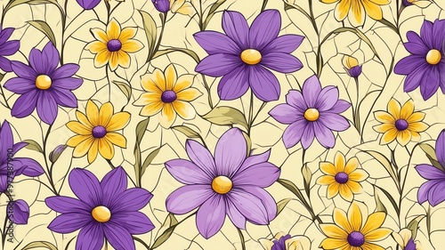 base xl pretty purple theme flowers on light yellow background, egg mosaic style