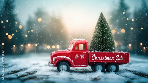 Red vintage truck with a Christmas tree in the back and a 'Christmas Sale' sign on the side. The snowy background with festive lights creates a holiday-themed setting for sales promotions