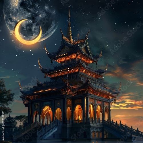 A beautiful and majestic temple with a bright crescent moon in the background at night