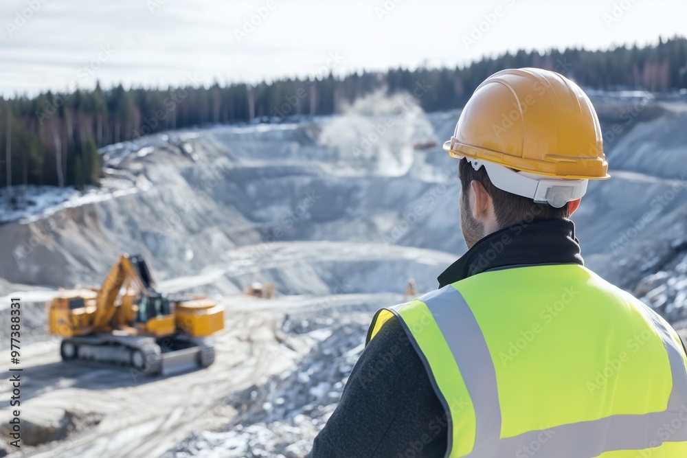 Horizontal Banner. Construction worker in reflective gear and hard hat gazing at large quarry with heavy machinery. Concepts of mining, industrial labor, and large-scale excavation operations. 