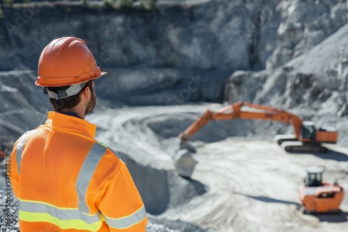 Horizontal Banner. Construction worker in reflective gear and hard hat gazing at large quarry with heavy machinery. Concepts of mining, industrial labor, and large-scale excavation operations. 