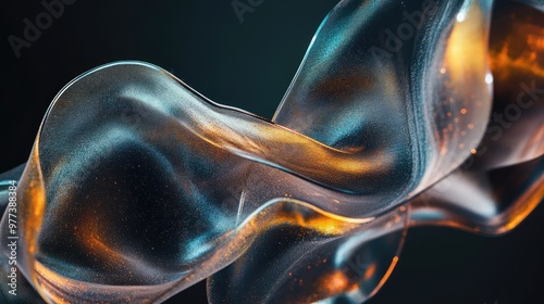 Twisting 3D ribbons of metallic fabric floating softly through space.