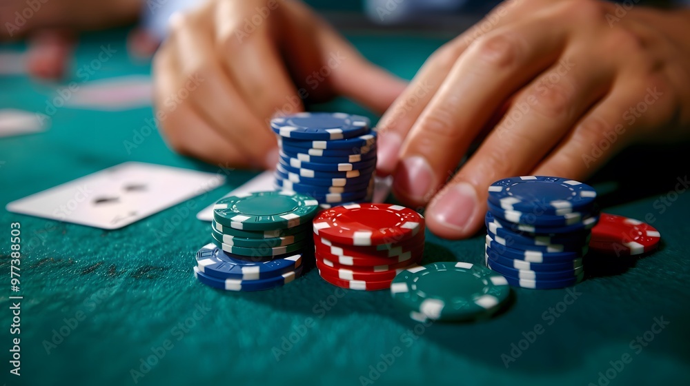 Rolling Chips in Hand: Hands rolling poker chips between fingers, a common habit at the table.
Rolling Chips in Hand: Hands rolling poker chips between fingers, a common habit at the table.