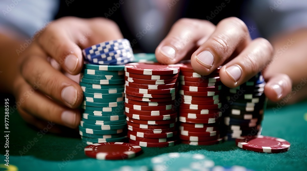 Rolling Chips in Hand: Hands rolling poker chips between fingers, a common habit at the table.
Rolling Chips in Hand: Hands rolling poker chips between fingers, a common habit at the table.
