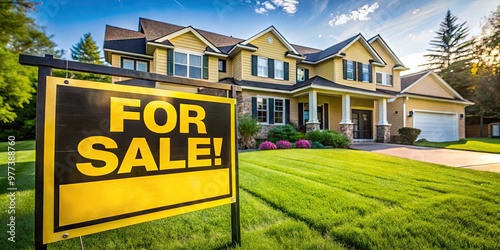 A bright yellow and bold black for sale sign stands proudly on a lush green lawn in front of a beautiful suburban home. photo