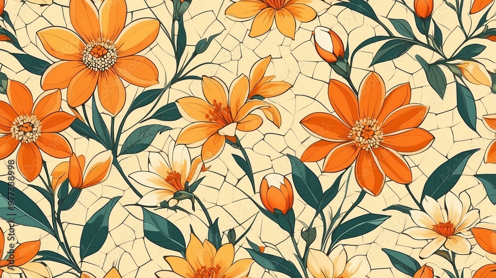 base xl pretty orange theme flowers on light yellow background, egg mosaic style base xl pretty orange theme flowers on light yellow background, egg mosaic style