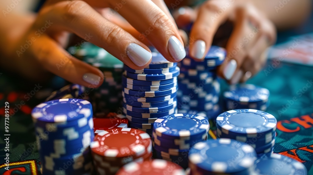 Rolling Chips in Hand: Hands rolling poker chips between fingers, a common habit at the table.
Rolling Chips in Hand: Hands rolling poker chips between fingers, a common habit at the table.