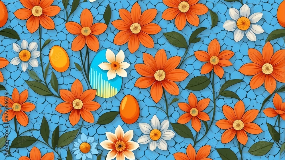 base xl pretty orange theme flowers on light blue background, egg mosaic style base xl pretty orange theme flowers on light blue background, egg mosaic style