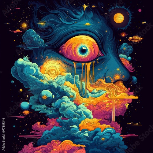 Surreal eye with cosmic elements and vibrant colors.