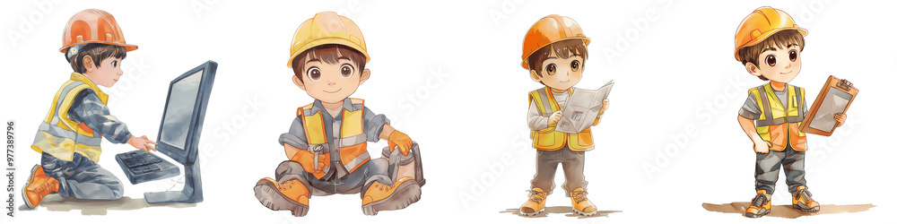 Illustration of children dressed as construction workers in various poses, engaging with tools and blueprints, emphasizing teamwork and engineering. Illustration of children dressed as construction workers in various poses, engaging with tools and blueprints, emphasizing teamwork and engineering.