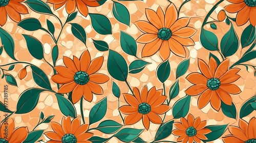 base xl pretty green theme flowers on light orange background, egg mosaic style