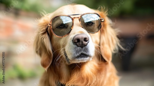 A golden retriever dog wearing a pair of sunglasses