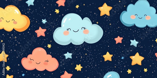 Cute cartoon stars and clouds with smiling faces