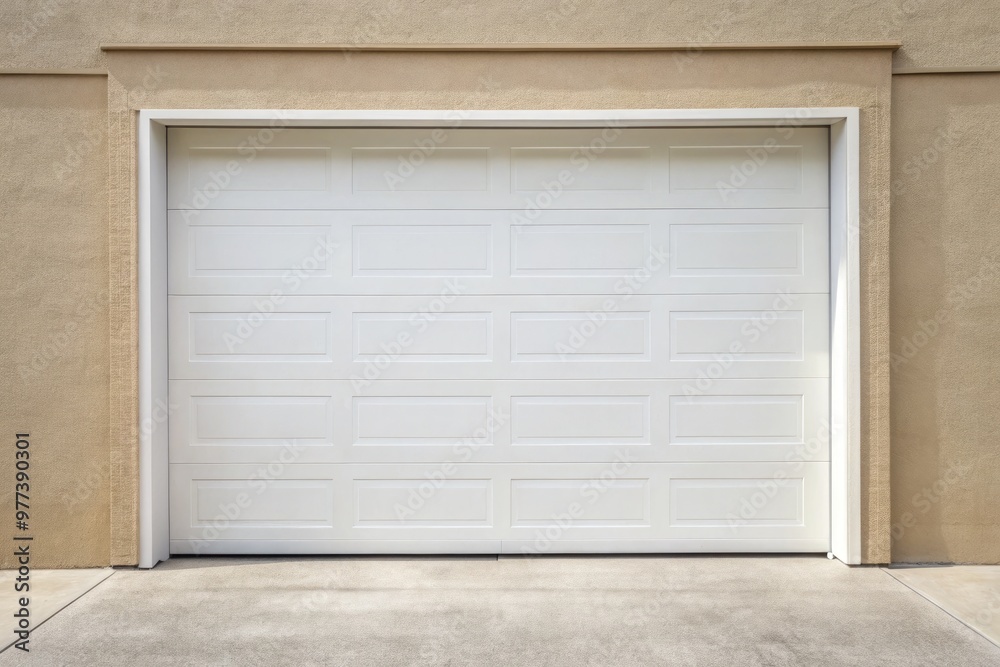 A clean, white, single-car garage door with a subtle sheen, set against a neutral background, dominates the frame with its simplicity and minimalism. A clean, white, single-car garage door with a subtle sheen, set against a neutral background, dominates the frame with its simplicity and minimalism.
