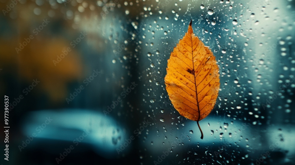 Autumn leaf clings to a rain-soaked window in a cozy indoor setting Autumn leaf clings to a rain-soaked window in a cozy indoor setting