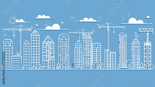 Constructing and residential development with building outline collection. Labeled elements with equipment, workers, heavy machinery and blueprints vector illustration. House renovation.