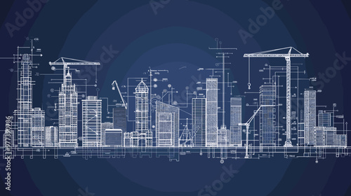 Constructing and residential development with building outline collection. Labeled elements with equipment, workers, heavy machinery and blueprints vector illustration. House renovation.