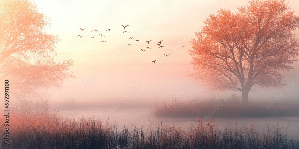 A misty autumn morning with fog, trees, and birds flying at sunrise in a tranquil landscape A misty autumn morning with fog, trees, and birds flying at sunrise in a tranquil landscape