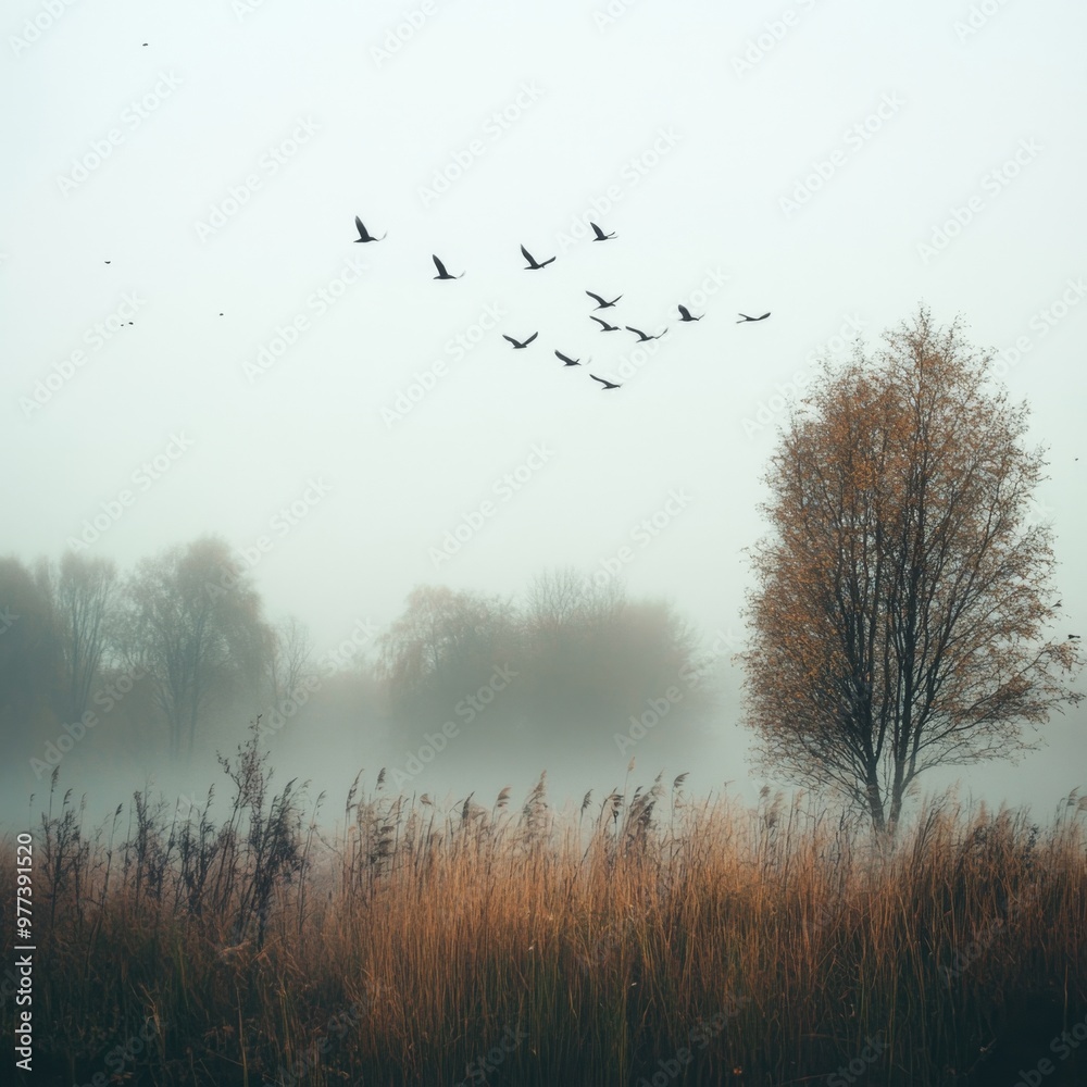 Fototapeta premium A serene autumn morning with misty trees and birds flying in the gentle breeze