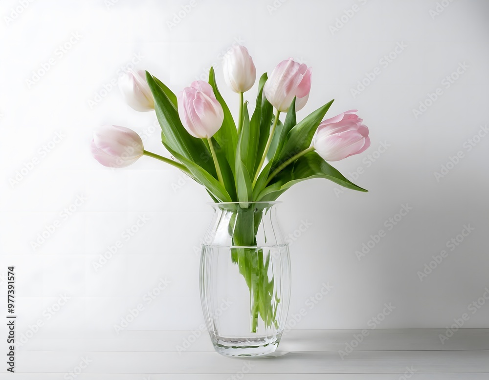 Glass vase with blooming tulips. A simple glass vase with blooming tulips inside, set against a white background Glass vase with blooming tulips. A simple glass vase with blooming tulips inside, set against a white background