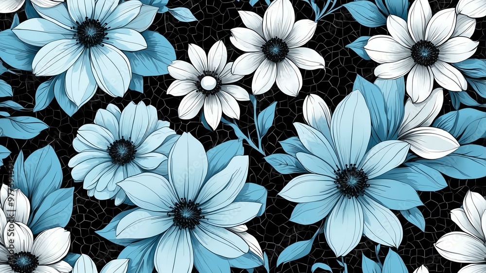 base xl pretty black theme flowers on light blue background, egg mosaic style base xl pretty black theme flowers on light blue background, egg mosaic style