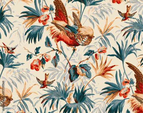 A colorful and lively design featuring tropical birds and foliage, perfect for a summery and exotic feel.