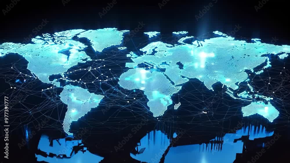 A digital representation of a world map with interconnected networks of ...