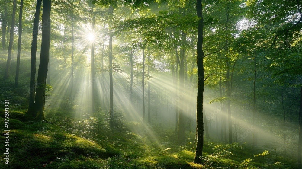 Fototapeta premium A misty morning forest with sunlight breaking through the fog.