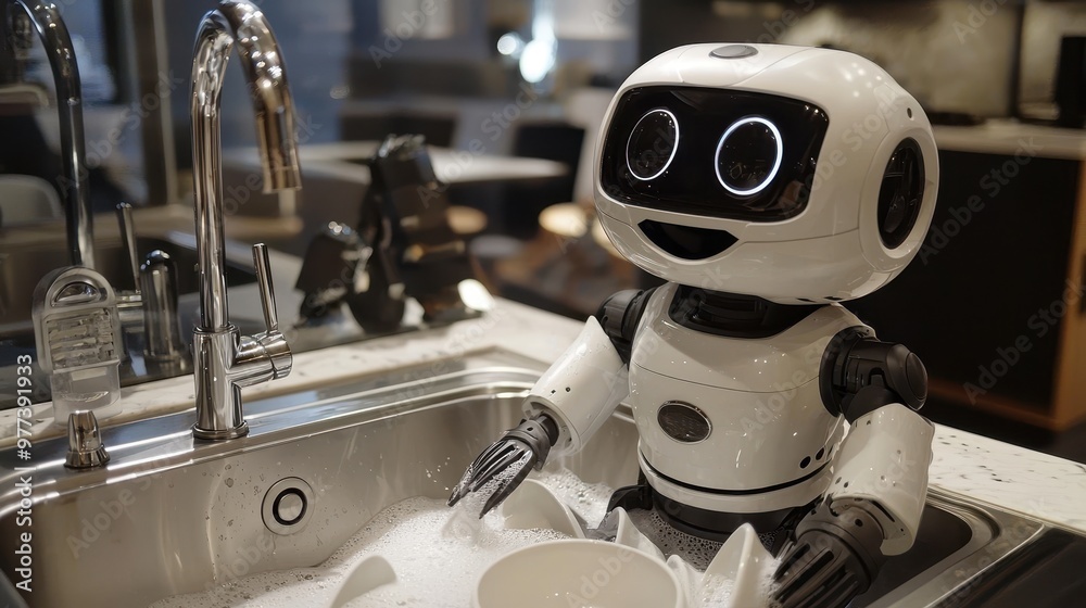 A robot is washing a white dish in a sink A robot is washing a white dish in a sink