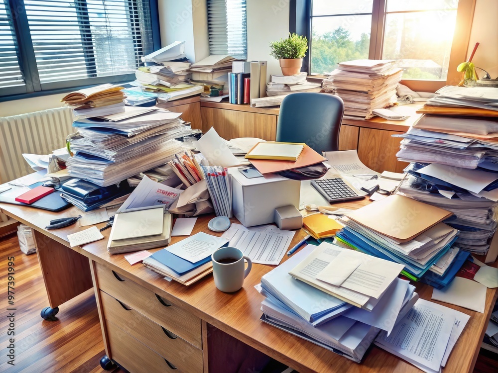 A cluttered desk overflows with stacks of unpaid bills, tax notices, and pawned items, symbolizing financial distress and the consequences of unmanaged debt. A cluttered desk overflows with stacks of unpaid bills, tax notices, and pawned items, symbolizing financial distress and the consequences of unmanaged debt.