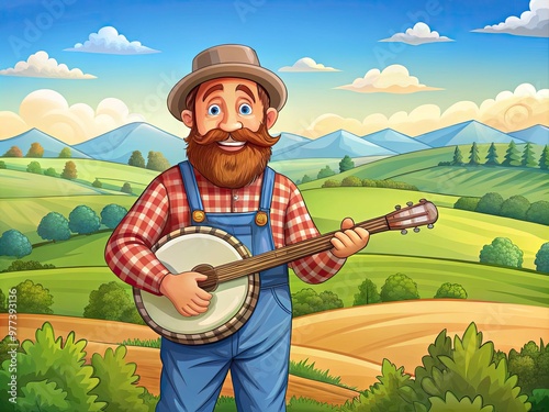 A colorful cartoon illustration of a rustic hillbilly character with a bushy beard, overalls, and a banjo, set against a sunny rural landscape backdrop. photo