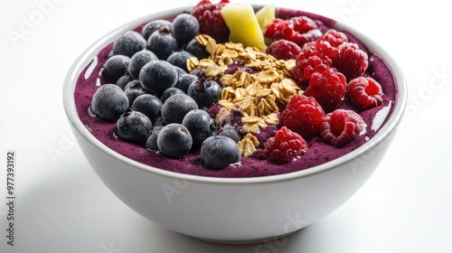 A close-up view of a refreshing acai bowl filled with berries and granola, set against a plain white background for emphasis