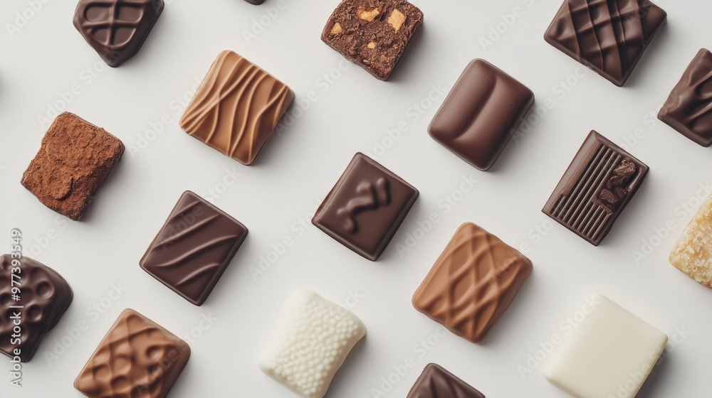 A collection of designer chocolate shapes with custom packaging, set against a white background for a sleek and modern aesthetic A collection of designer chocolate shapes with custom packaging, set against a white background for a sleek and modern aesthetic