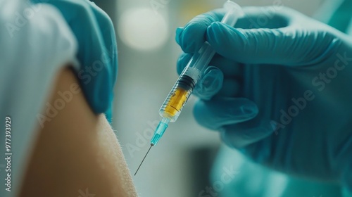 Professional doctor administering vaccine injection to patient in modern clinic, close-up view, bright lighting, high-definition realistic medical scene, serene and expert healthcare environment.