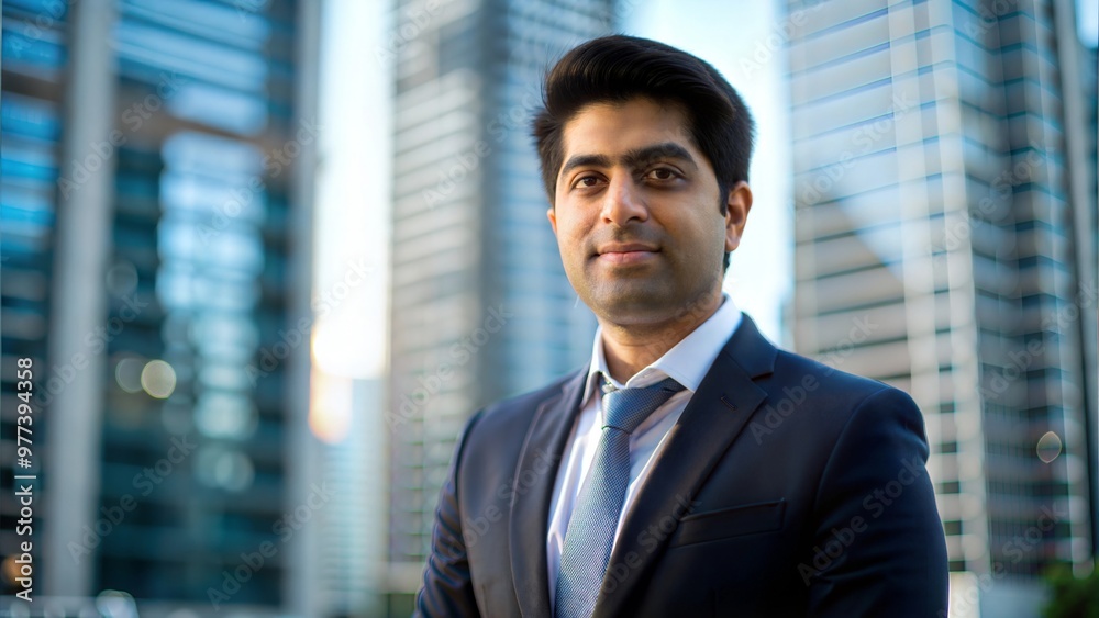 Young Indian Businessman in Cityscape - An Indian businessman standing confidently in front of skyscrapers with a blue sky backdrop.
