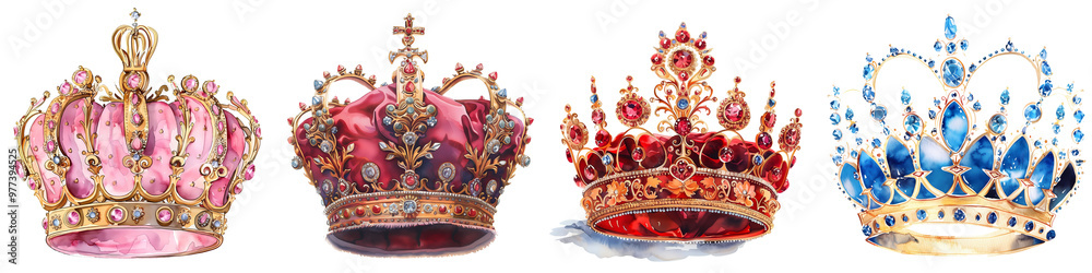 Fototapeta premium Set of ornate crowns in vibrant colors, perfect for royalty-themed designs, invitations, or historical illustrations.