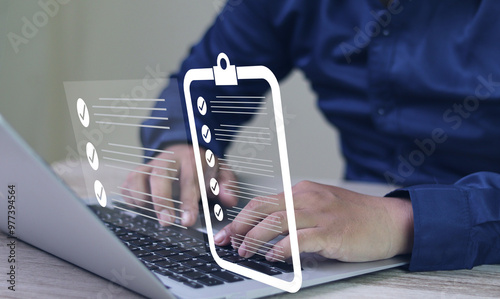 Business data management online and document system concept, Businessman use laptop search for digital documents in folders efficient storage management good planning