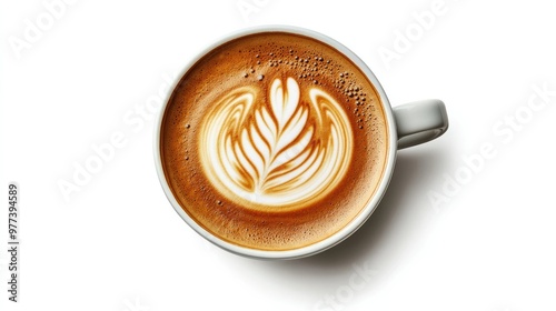 A cup of hot coffee featuring intricate latte art, placed on a bright white background for a fresh and modern presentation