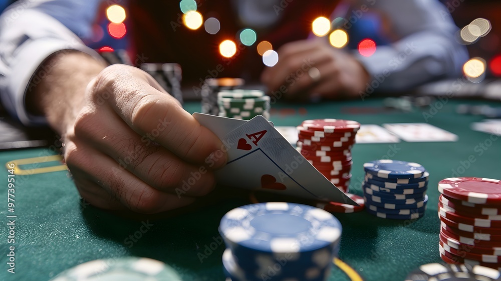 Revealing the River Card: The dealer revealing the river card in a poker game, chips and cards in play. 
