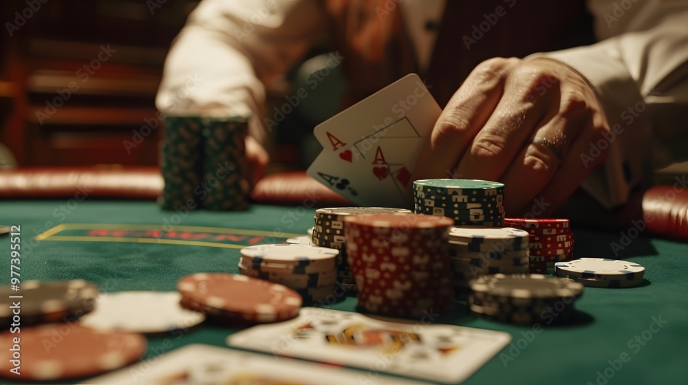 Revealing the River Card: The dealer revealing the river card in a poker game, chips and cards in play.
Revealing the River Card: The dealer revealing the river card in a poker game, chips and cards in play.